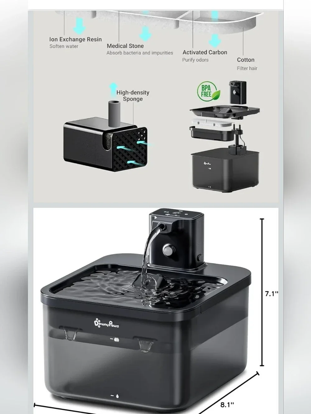 DownyPaws Black Pet Water Fountain